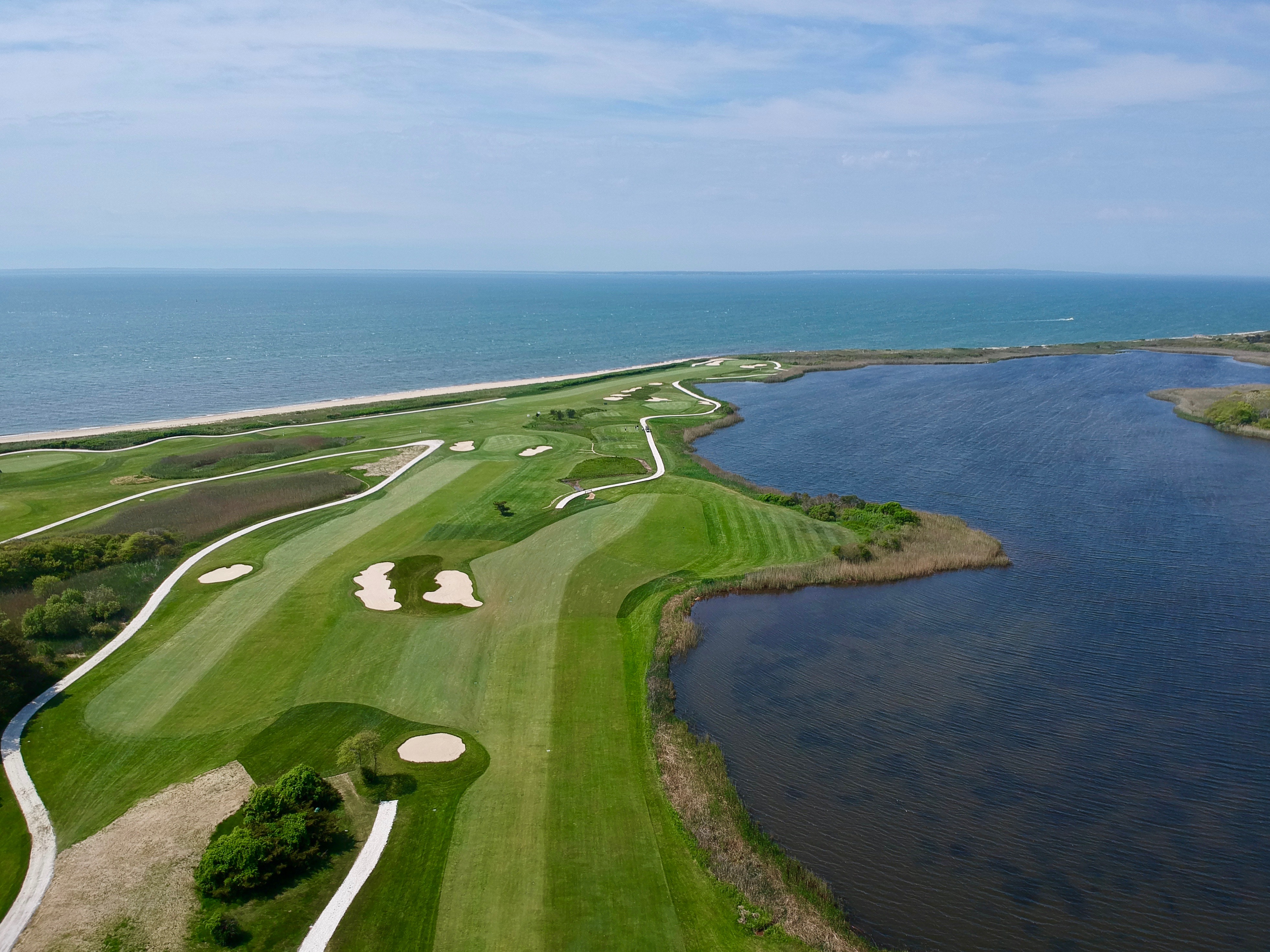 aerial view overlooks the newly renovated Ocean Course’s holes # 5 and #6