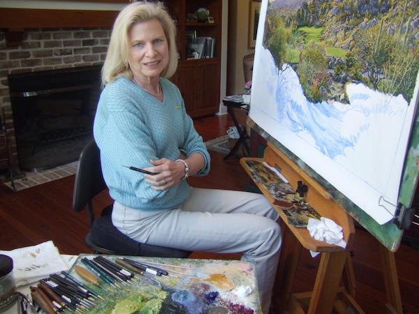 artist Linda Hartough painting a golf landscape