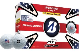 Picture of the box and sample balls of the Bridgestone Golf e-12 Contact