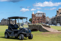 a club car golf cart on the course at St. Andrews,Scotland.