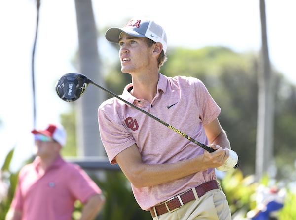 Oklahoma’s Matthew Troutman eyes his tee shot on the drivable par-4 seventh hole. 