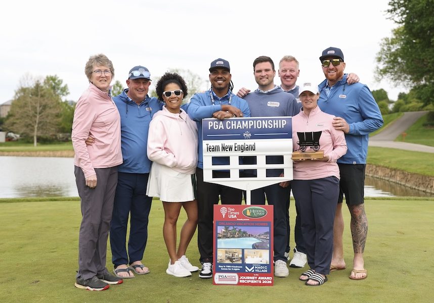 MALVERN, PA - MAY 11: PGA HOPE New England team members Kenny Celeste, Blake Crist, Sherry Dellascio, Colleen Nevius, and Joel Jenkins, PGA, pose with their Journey Award recipients trophy alongside Michael Packard, PGA, and Chad Eades after the PGA HOPE Secretary's Cup at Chester Valley Golf Club on Monday, May 11, 2026 in Malvern, Pennsylvania. (Photo by Scott Taetsch/PGA of America)