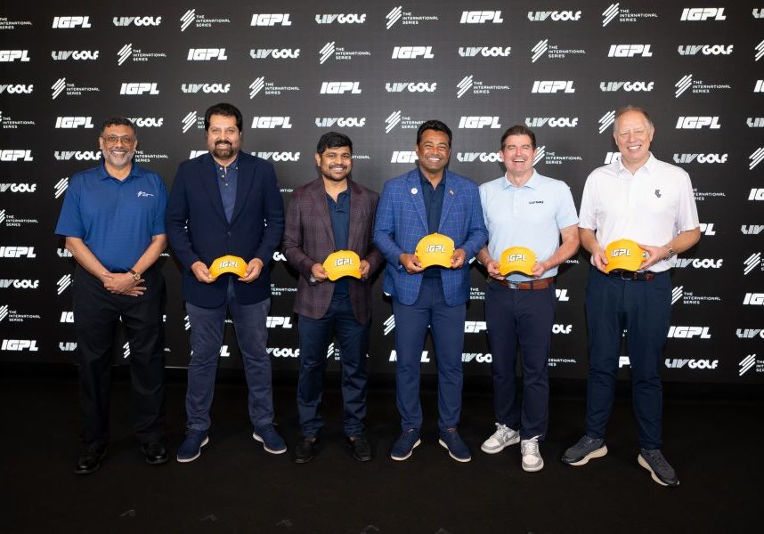 The signing ceremony took place this morning, 12 March, at Aramco LIV Golf Singapore. From left: Rahul Singh, Head of The International Series; Uttam Singh Mundy, CEO of IGPL; Mani Indhar, Head of IGPL International Partnerships; IGPL Franchise Owner and tennis icon Leander Paes; Scott O’Neil, CEO of LIV Golf; and Ross Hallett, Head of Events, LIV Golf. Photo by LIV Golf. 