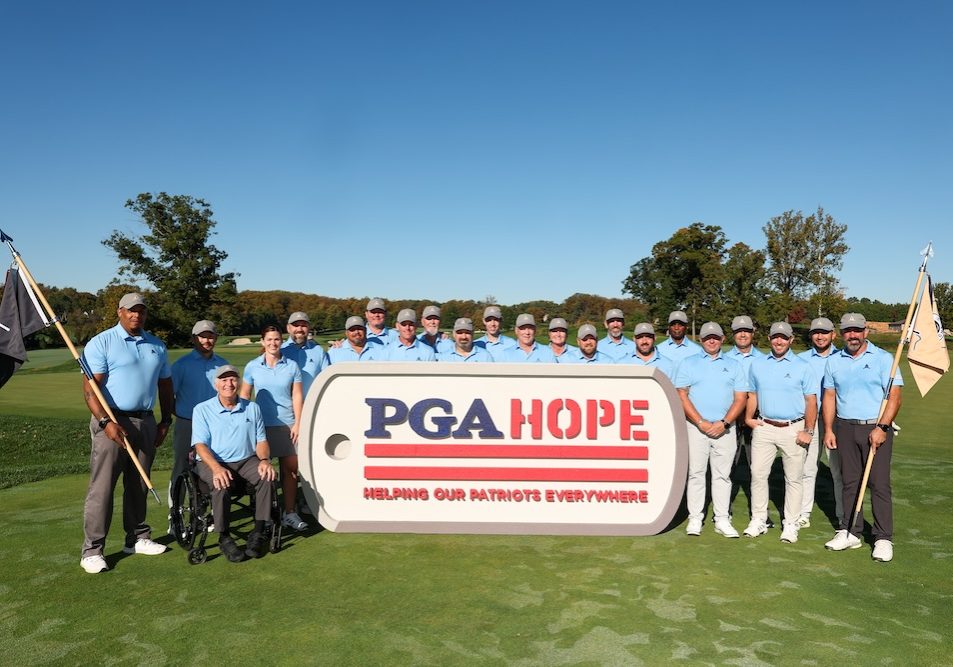 BETHESDA, MD - OCTOBER 19: PGA HOPE Ambassadors pose by the PGA HOPE sign before the PGA HOPE National Golf &amp; Wellness Week Outing at Congressional Country Club on Monday, October 19, 2026 in Bethesda, Maryland. (Photo by Scott Taetsch/PGA of America)